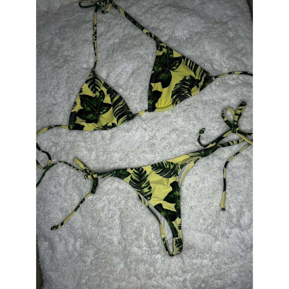 Tropical Green Palm Leaf Triangle thong Bikini Set - Size Small